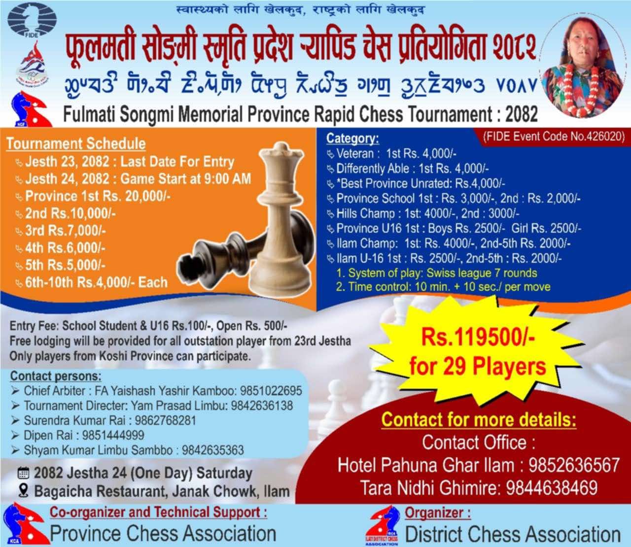 प्रदेशस्तरीय पहिलो र्यापिड चेस प्रतियोगिता इलाममा: बुद्धिचाल खेलको विकासमा ऐतिहासिक पाइला