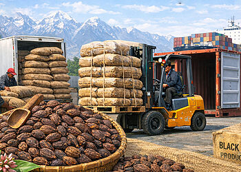 Men loading and unloading sacks of black cardamom at a port with snow-capped mountains in the background. A forklift operator moves stacks of sacks. A basket and sacks labeled 'BLACK CARDAMOM PRODUCT OF NEPAL' are in the foreground.