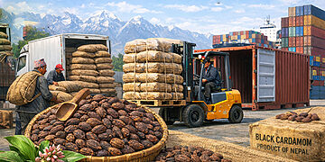 Men loading and unloading sacks of black cardamom at a port with snow-capped mountains in the background. A forklift operator moves stacks of sacks. A basket and sacks labeled 'BLACK CARDAMOM PRODUCT OF NEPAL' are in the foreground.