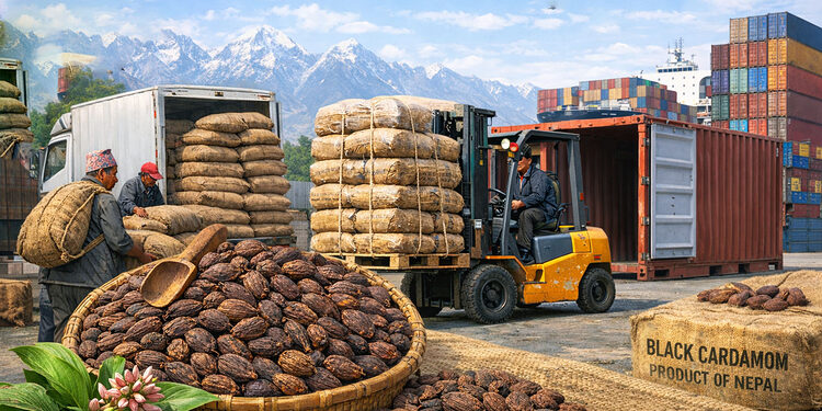 Men loading and unloading sacks of black cardamom at a port with snow-capped mountains in the background. A forklift operator moves stacks of sacks. A basket and sacks labeled 'BLACK CARDAMOM PRODUCT OF NEPAL' are in the foreground.