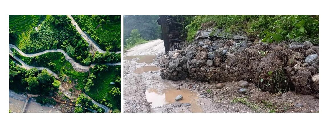 Aerial view of a winding road through green hills and a close-up of a muddy road with a gabion wall, illustrating the challenges of the Mechi Highway, particularly the Rajduwali landslide-prone section.