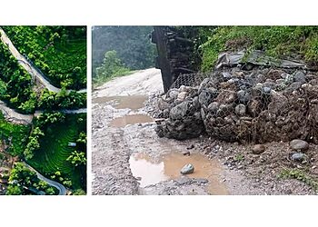 Aerial view of a winding road through green hills and a close-up of a muddy road with a gabion wall, illustrating the challenges of the Mechi Highway, particularly the Rajduwali landslide-prone section.