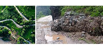 Aerial view of a winding road through green hills and a close-up of a muddy road with a gabion wall, illustrating the challenges of the Mechi Highway, particularly the Rajduwali landslide-prone section.